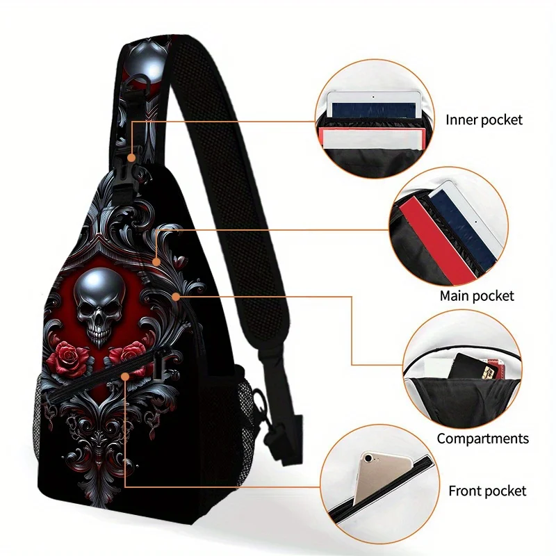 حقيبة حبال قوطية مطبوعة ثلاثية الأبعاد على شكل جمجمة وردية قوطية حقيبة كروس مطبوعة ثلاثية الأبعاد للرجال والنساء بحزام قابل للتعديل