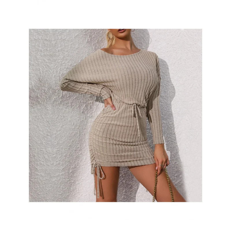 Women's European & American Style Brushed Ribbed Sweater Dress - Soft Beige Winter Dress with Waist Tie Belt,