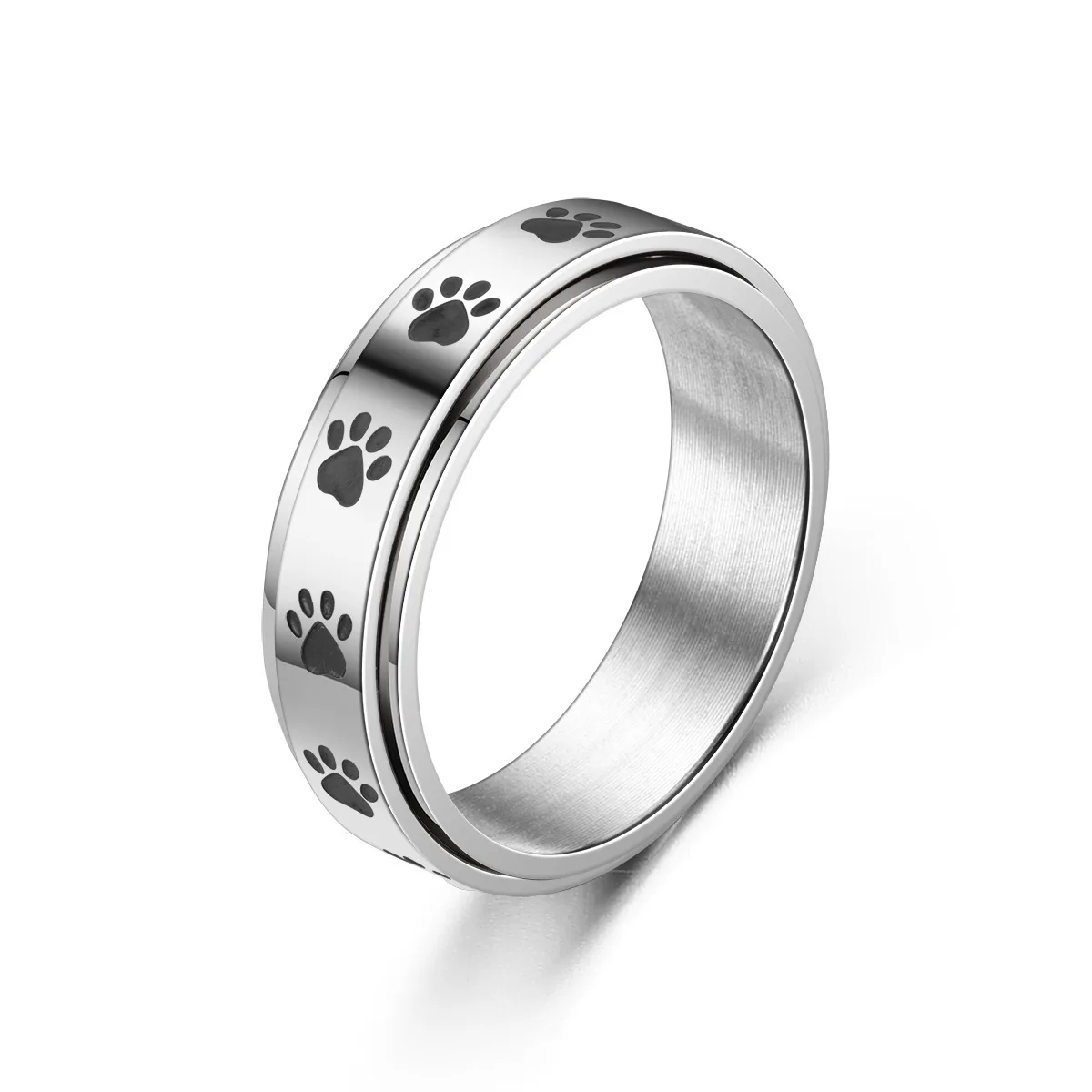 Fashion Jewelry Stainless Steel Colorful Dog Footprint Titanium Steel Ring Stainless Steel Rotate Spinner Dog Cat Paw Style Ring