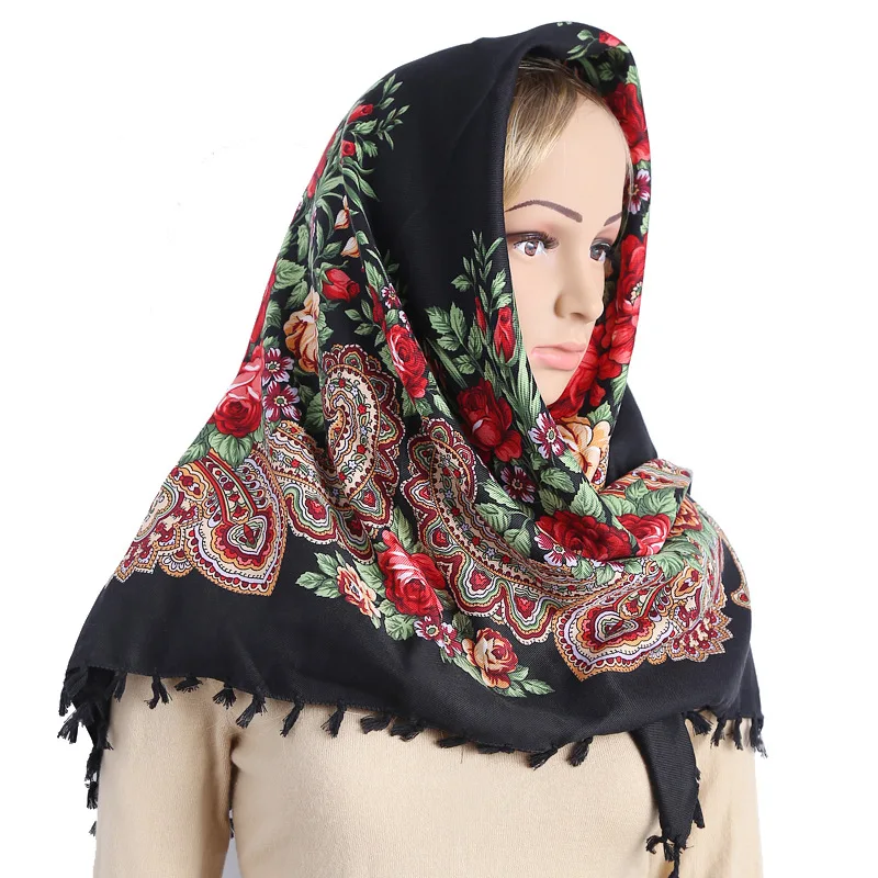 90*90cm Vintage Print Square Hijabs for Women Traditional Tassel Shawl Scarf Cotton Blend Headscarf Windproof Turban