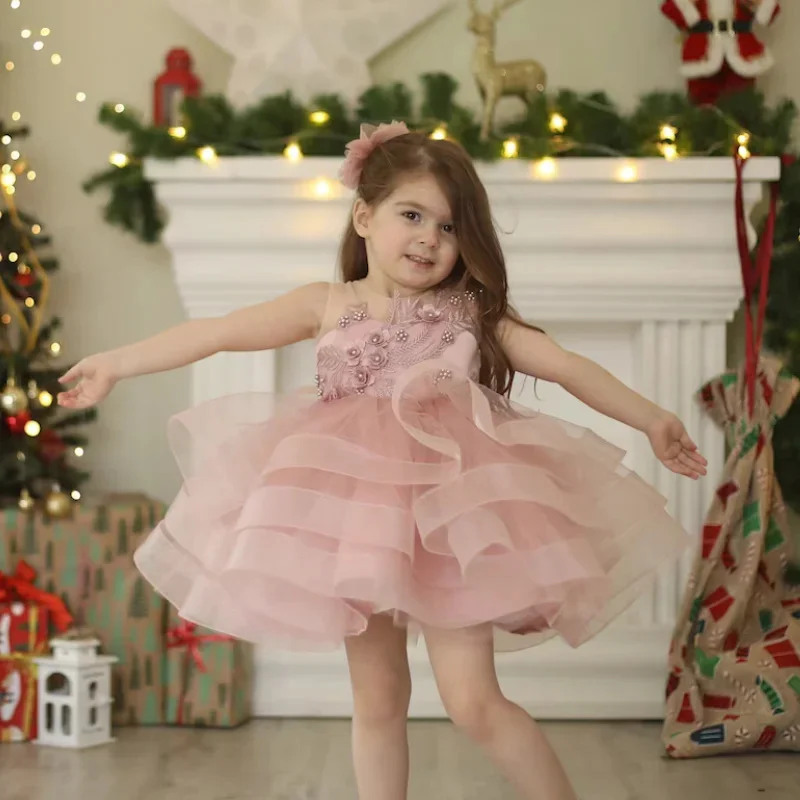 Vestido de tul de perlas de color rosa claro para niña, apliques en capas sin mangas con lazo para boda, vestido de fiesta de cumpleaños de princesa encantadora