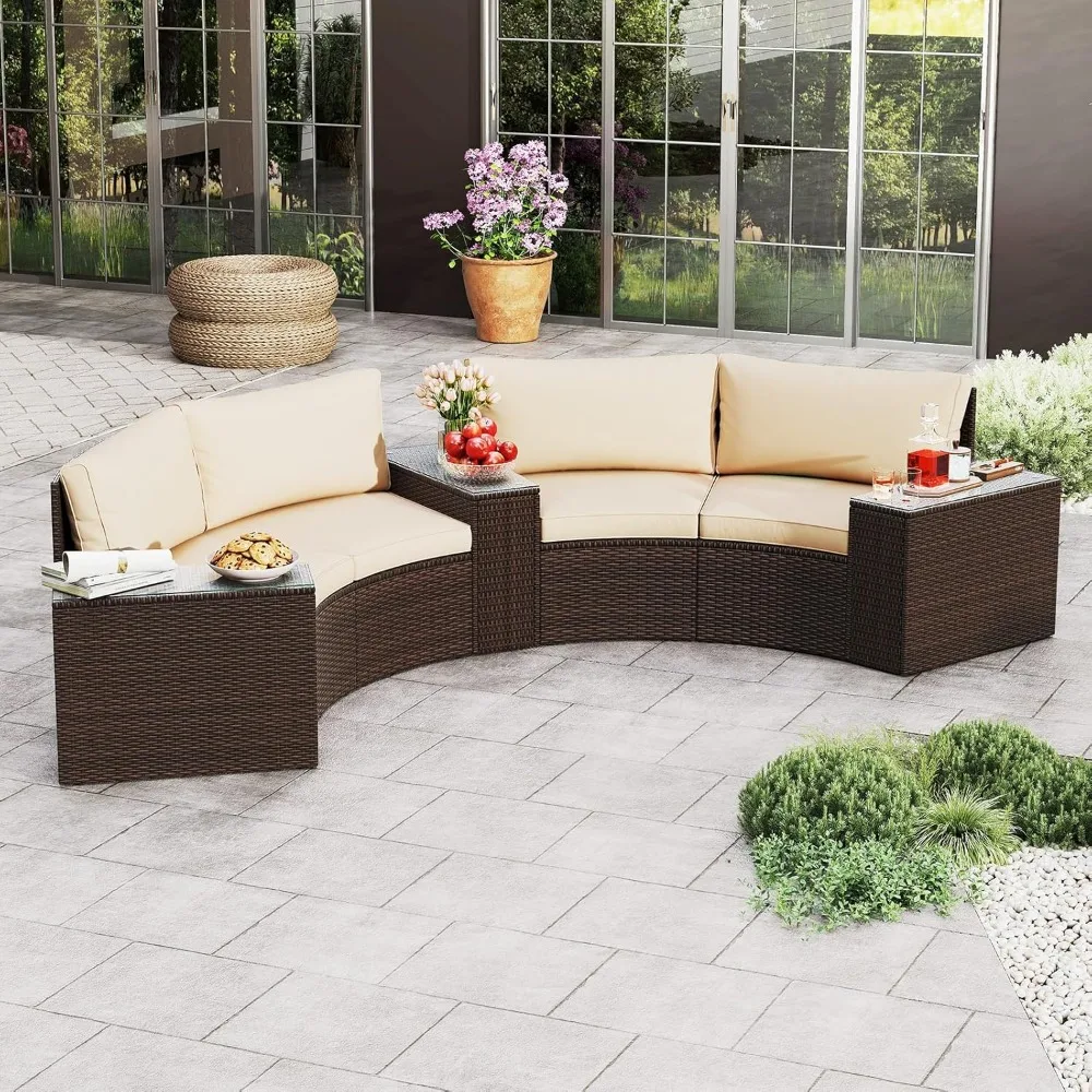 

5 Pieces Patio Furniture Set, PE Rattan Half-Moon Curved Sectional Sofas with Tempered Glass Top Side Tables, Customized