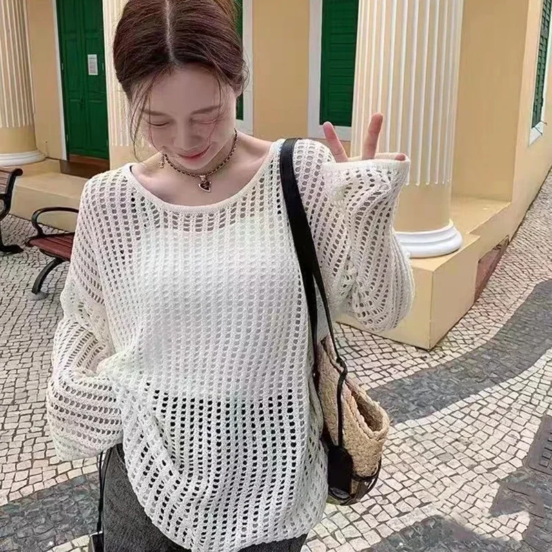 

New Summer O-Neck Knit Sweater Women Pullovers Long Sleeve Sunscreen Knitted Sweater Pullover Women Tops Sueter Feminino Q249