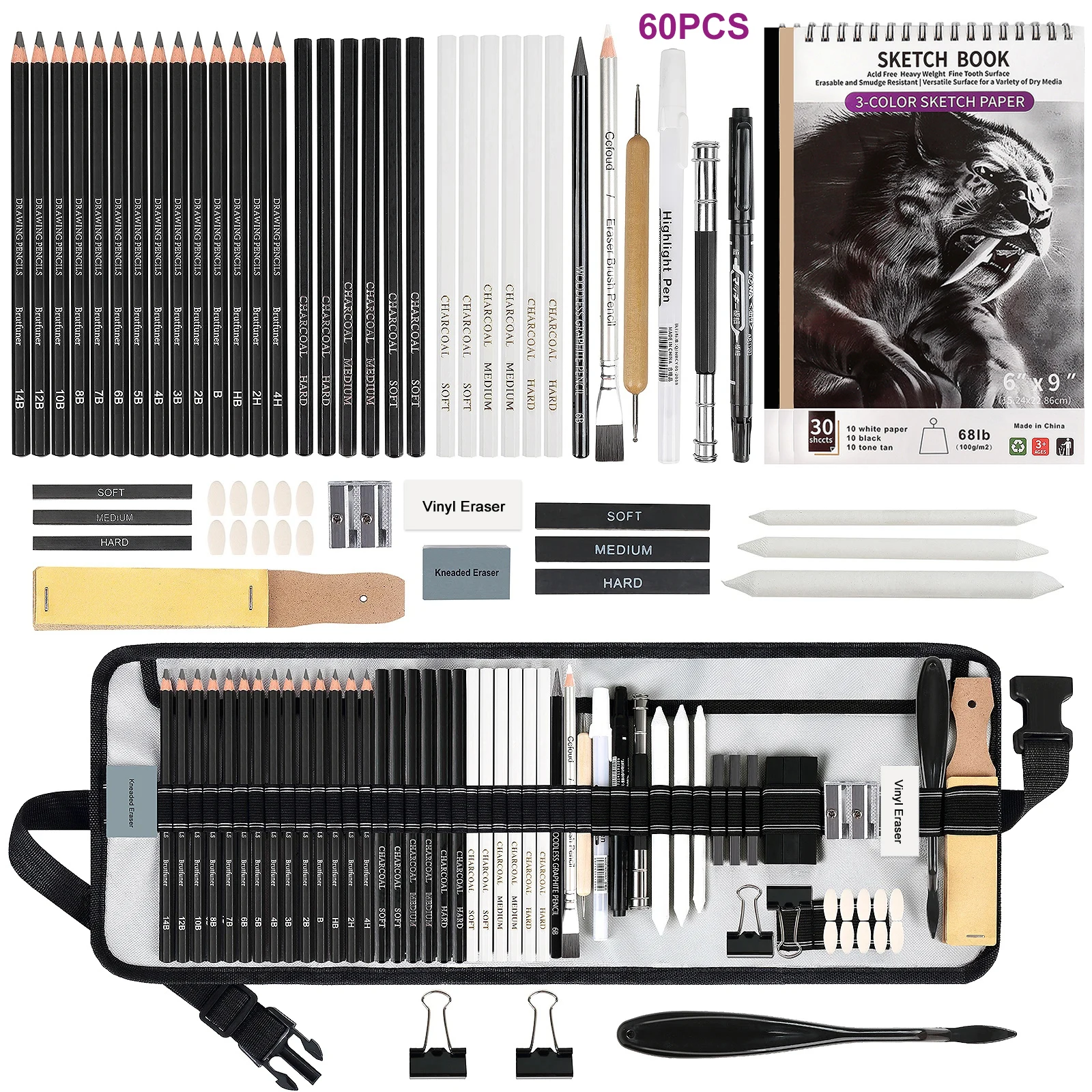 

Набор для рисования 42/44/46/58/60/68 предметов: карандаши для скетчинга, художественные принадлежности с 3-цветным скетчбуком, графит, уголь, карандаши для рисования.