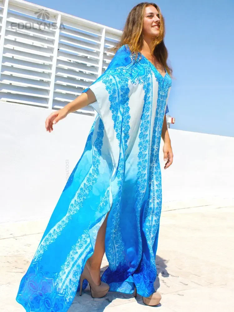 Blue Kaftan Causal Printed Sexy V Neck 2024 Summer Women Beach Wear Cotton Tunic Oversize Bat sleeve Maxi Dresses Q774