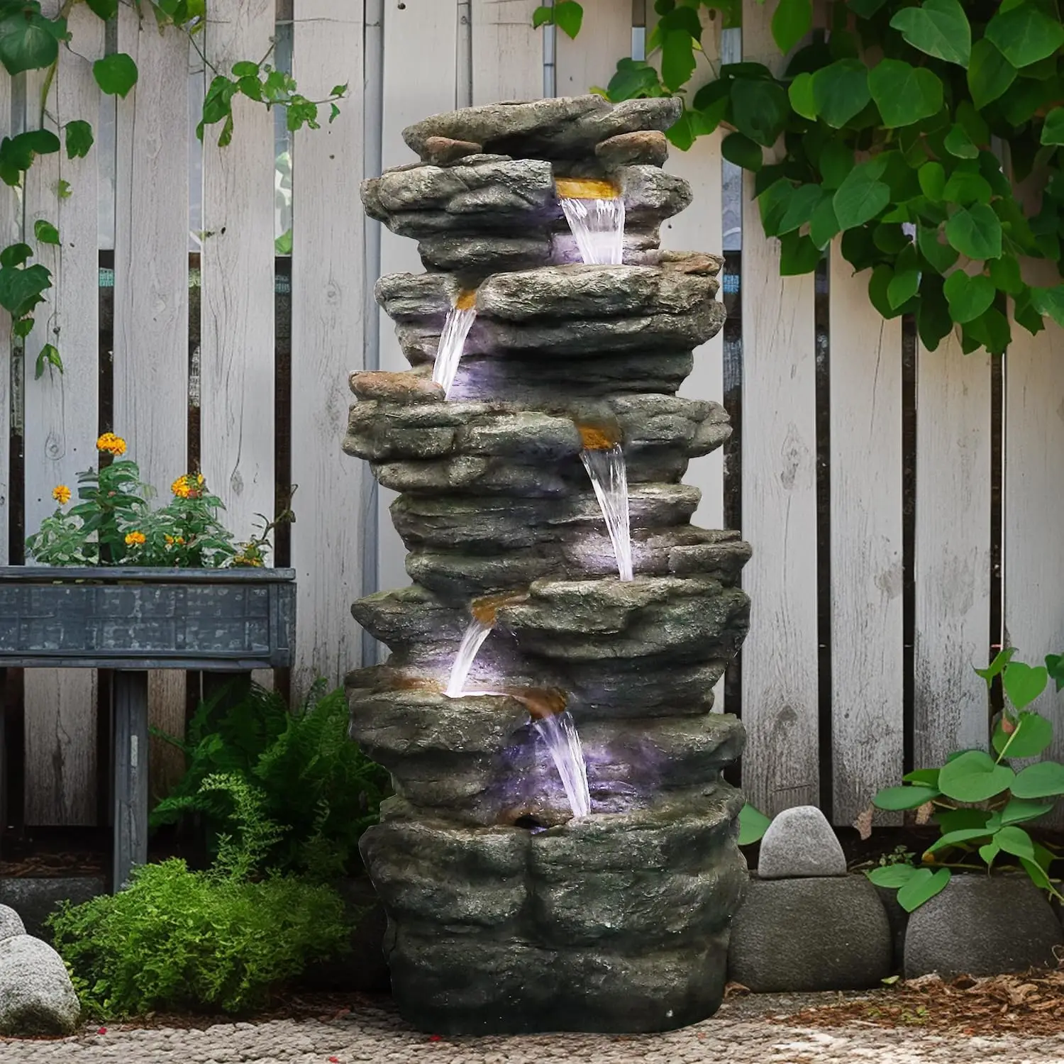 

40" High 6-Tiers Cascading Rock Outdoor Water Fountain with LED Lights and Waterfalls for Garden or Patio, Yard, and Deck Decor