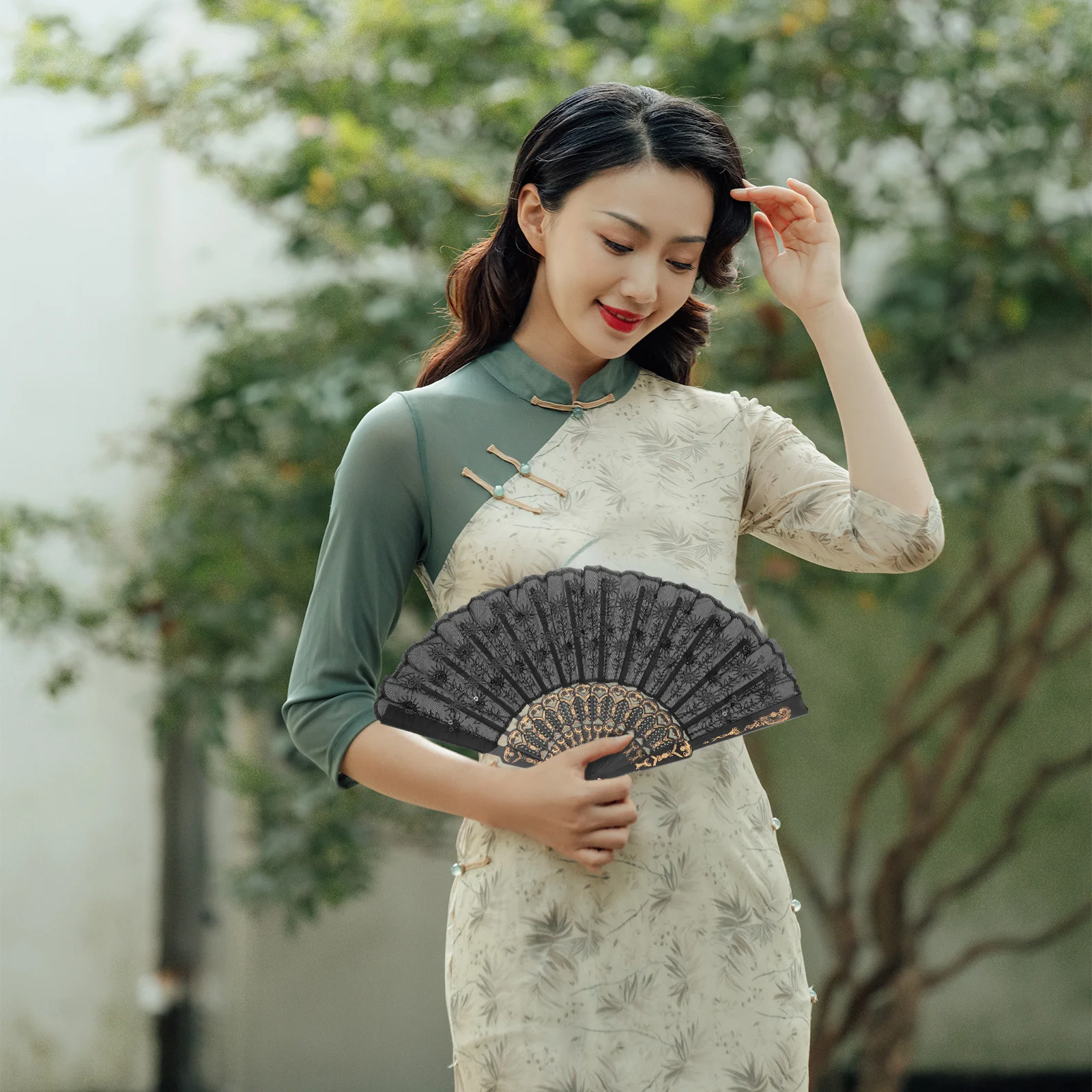 

Black Rod Embroidered Sequin Fan Handheld for Chinese Dance Wedding Tea Party Stage Decorative Folding Fan Wedding Favors Fans