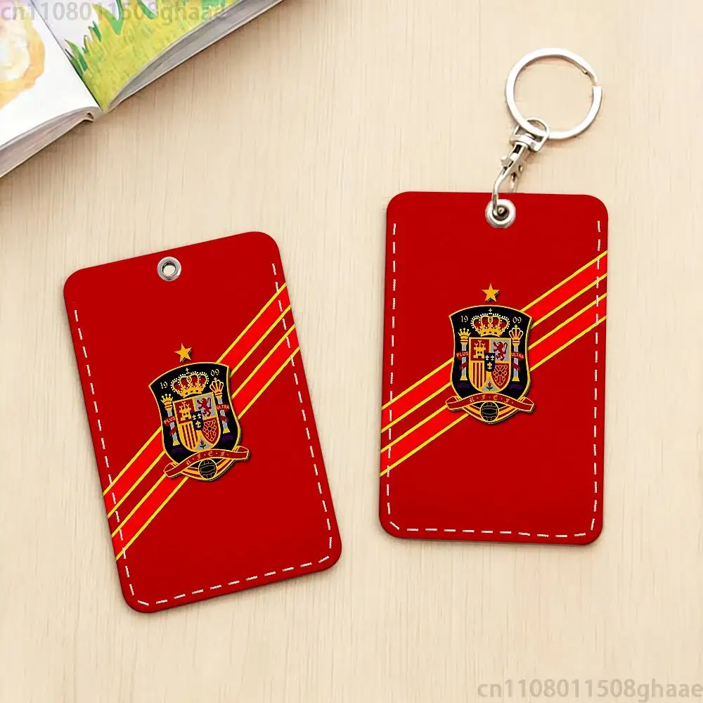 Flag Espana Spainish Spain  Rectangle Card Case Keychain Access Card Bag Key Tag Ring Leather Card Holder Key Ring Access