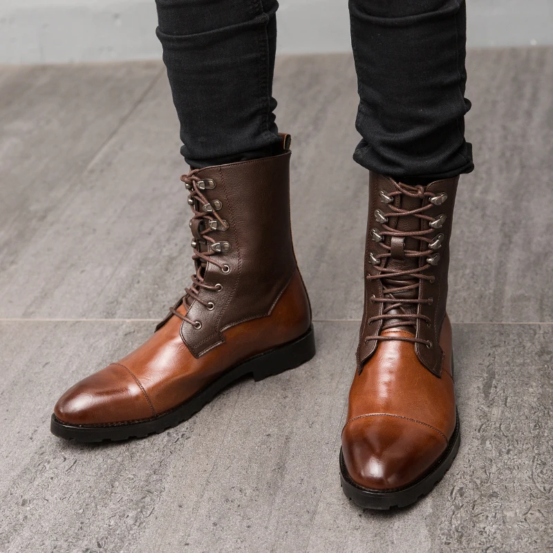 Size 38-48 Denim Boots Men Brown Spliced High Cut Lace Up Business Fashionable High-quality Chelsea Boots Outdoor Training Boots