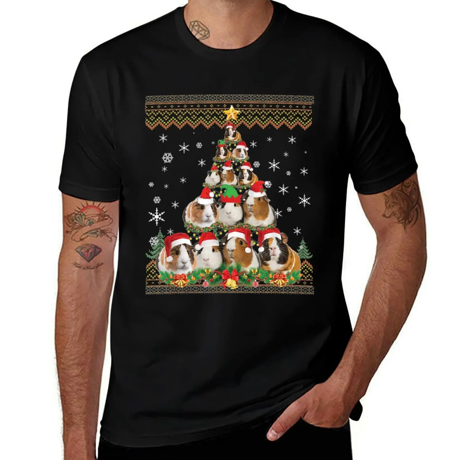 

Funny Guinea Pig Christmas Ugly Sweater Christmas Tree T-Shirt Basic Plain Short Sleeve Crew Neck Tee