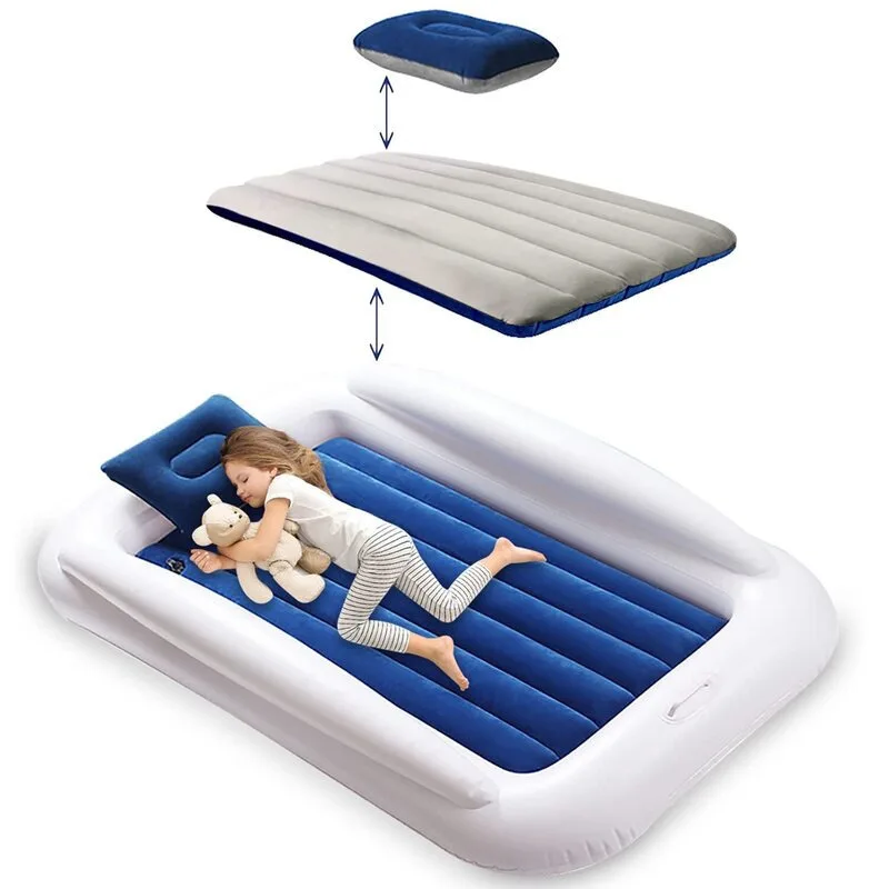 Inflatable Toddler Travel Bed With Safety Bumpers Portable Blow Up Mattress For Kids With Built Bed Rail Convenient Nap Flocking