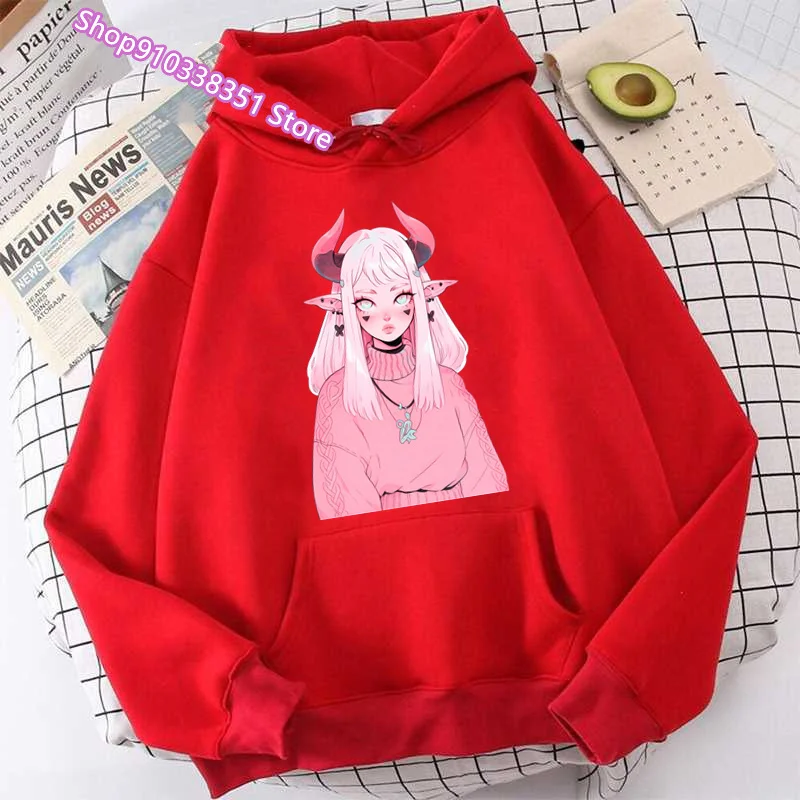 Funny Demon Y2k Hoodies Women Letter Long -Sleeved Hooded Sweatshirt Harajuku Korea Loose Graphic Print Pullover Drop Ship