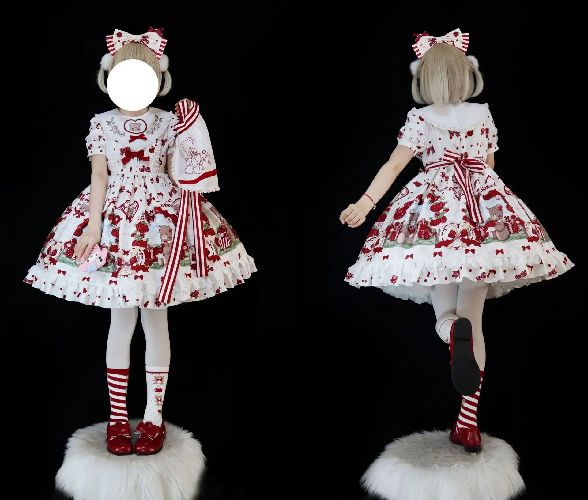 Japanese Sweet Girl Lolita Dress Embroidered Bow Round Neck Puff Sleeve High Waist Slim Fit A-line Cute Print Short Dress Women