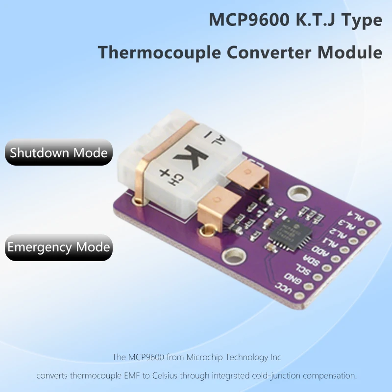 MCP9600 K-Type Thermocouple Converter Module, I2C Interface with Cold-Junction Compensation for Temperature Monitoring