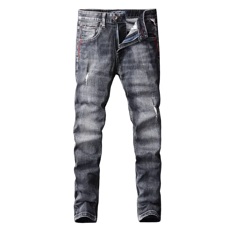 Italian Designer Fashion Men Jeans Retro Black Gray Slim Fit Stretch Ripped Jeans Men Vintage Trousers Casual Denim Pants Hombre