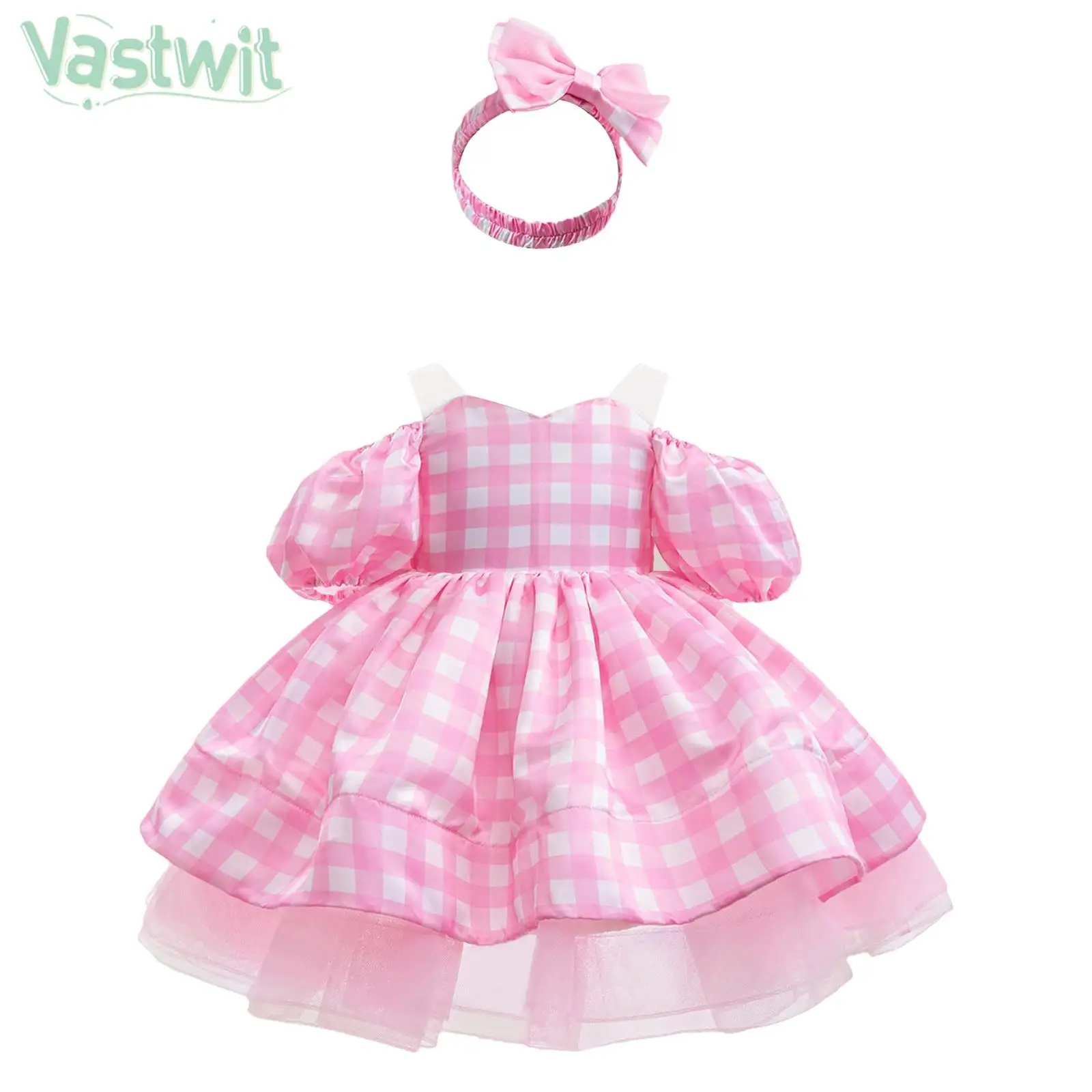 

Infant Girls Sweet Cute Princess Dress Off Shoulder Plaid Tutu with Headband Halloween Photography Birthday Party Ball Gown