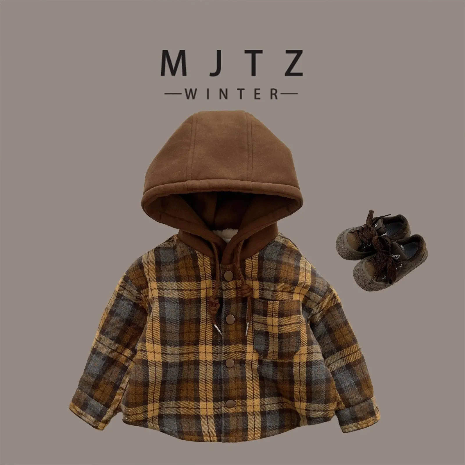 Children\'s Hooded Shirt Kids Thick Clothes Baby Boys Khaki Plaid Shirts Coat for Autumn Winter Girls Long-Sleeve Jacket Clothing