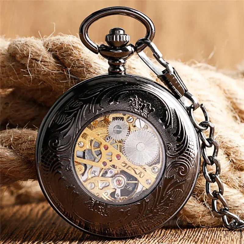 Antique Hollow Out Flower Case Men Women Handwinding Mechanical Pocket Watch Roman Number FOB Pendant Chain Relgio de bolso