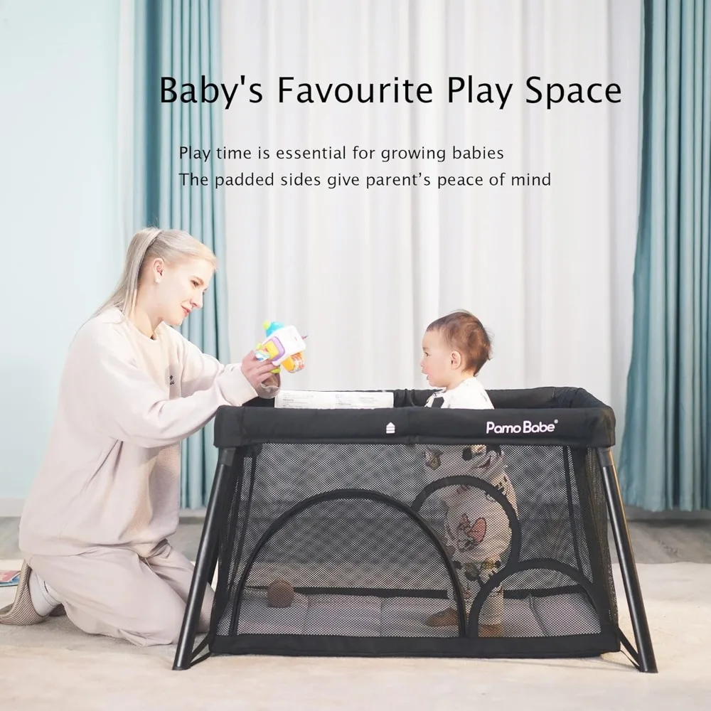 Pamo Babe Travel Crib, Portable Crib for Baby Lightweight Baby Travel Playpen, Foldable Travel Playard with Comfortable