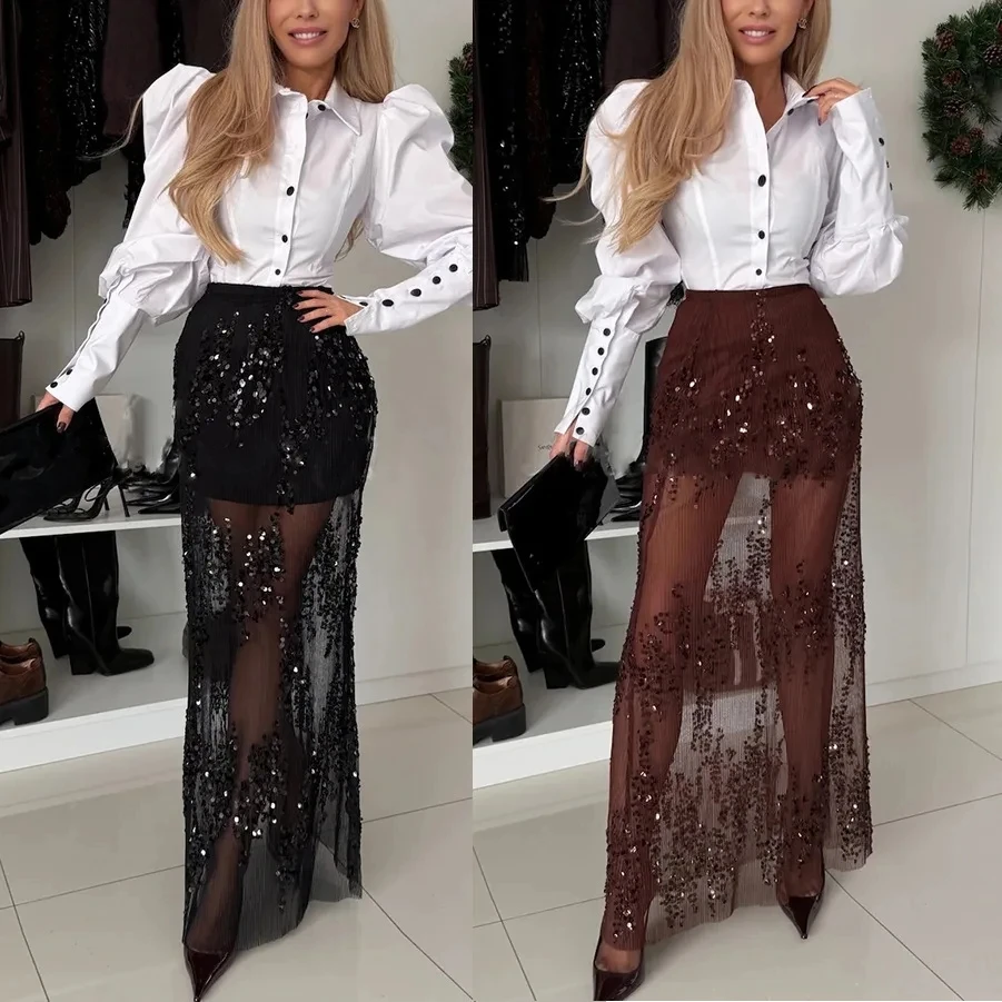 2026 Spring Summer New Women Sequin Elastic Waist Skirt Loose Party High Waist  Long Net Patchwork Skirt