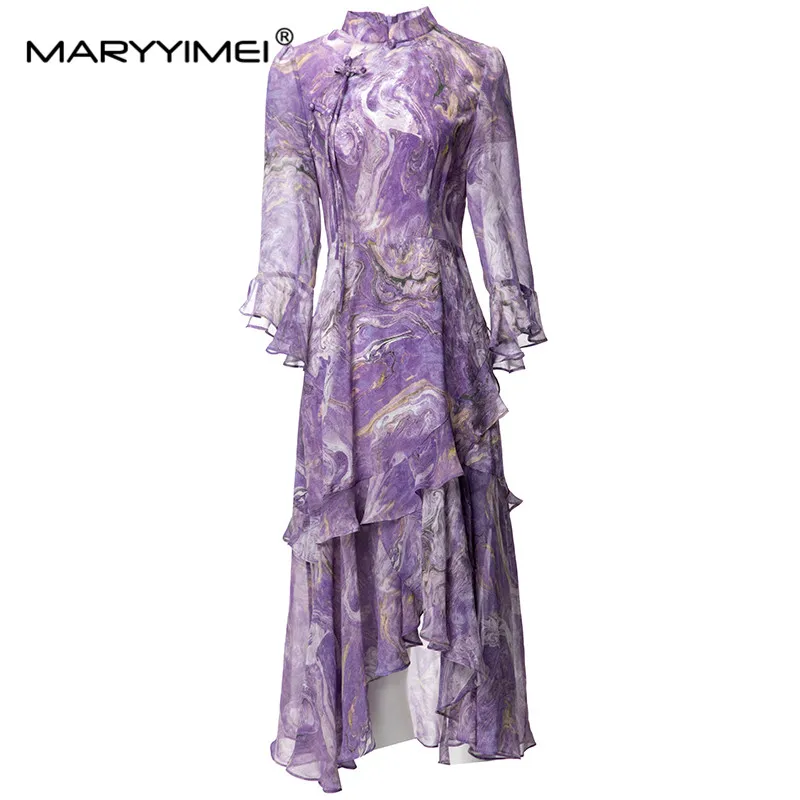 

MARYYIMEI Fashion Women's New Chinese-Style Stand-Up Collar Flare Sleeved Vintage Flounced Edge Printed Irregular MIDI Dress