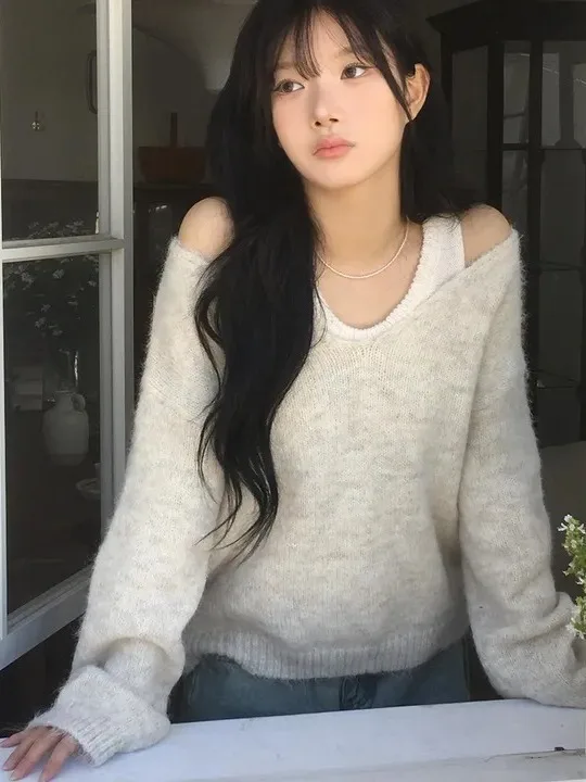 

Soft Cozy Cashmere Knitted Sweater Women's Lazy Style Shoulder Bared Layering Vest Two-Piece Set Spring Autumn Loose Fit Pure...