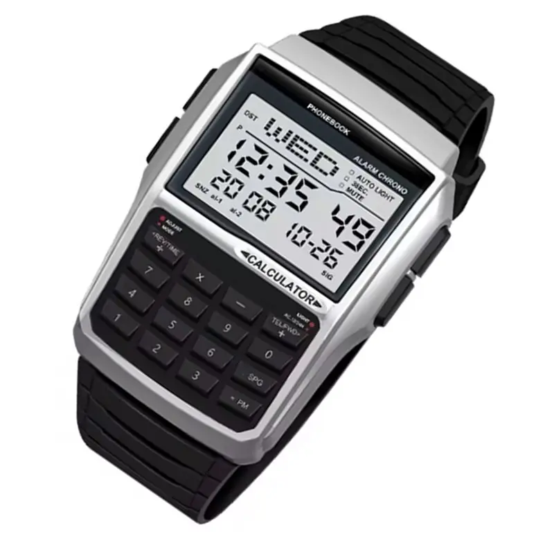 ABKQ-boîtier en plastique montre pour hommes Style ordinateur bracelet en acier inoxydable montre hommes calculatrice montre multifonctionnelle Led