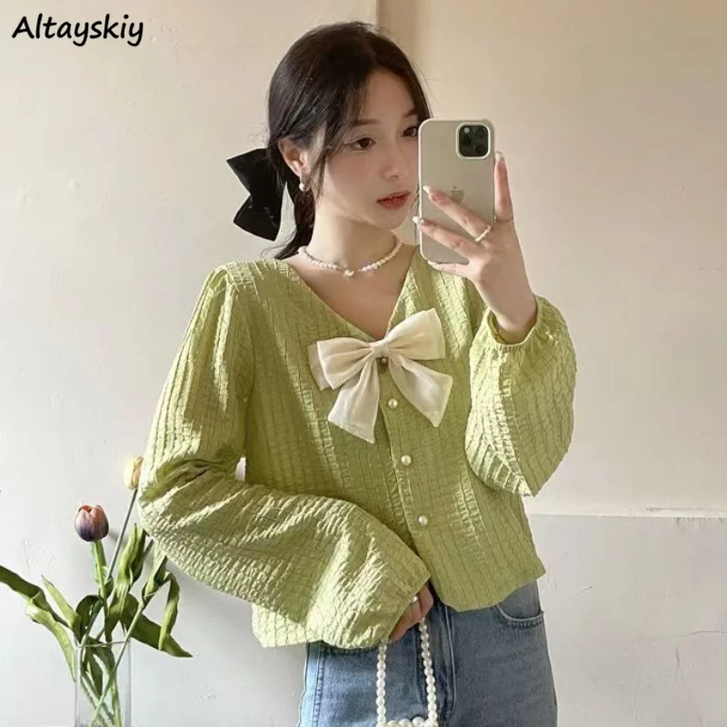 Shirts for Women Solid Bow Long-sleeve Design Tender Ladies Korean Style Fashion Spring All-match Camisas Mujer Hot Sale Newly