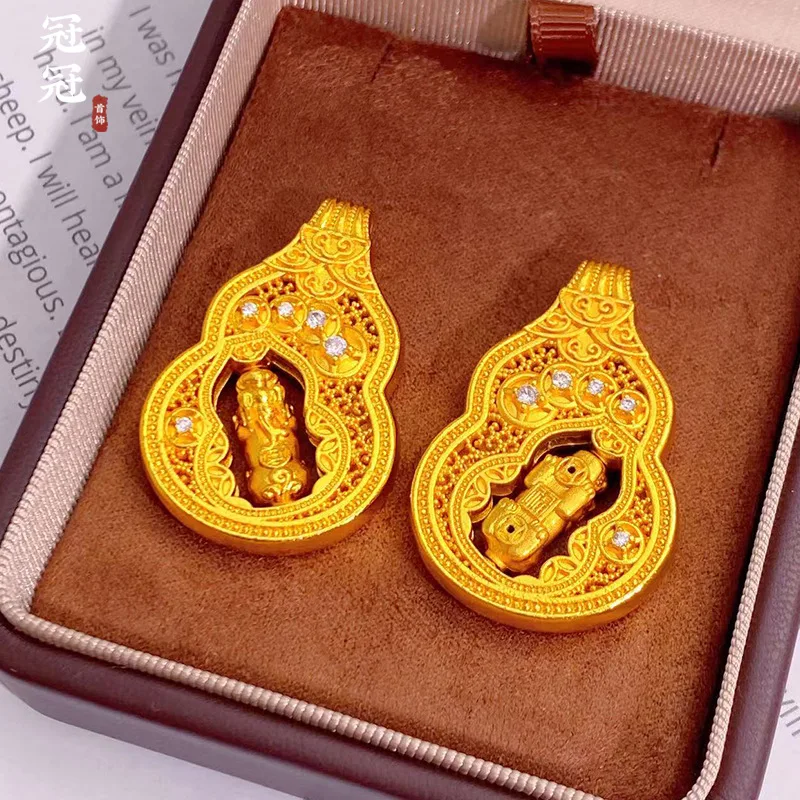 Rotatable Gourd Pixiu Pendant Retro Chinese Style Sweater Chain Unisex 2026 Gold Plated Brass Inlaid Zircon High Color Retention