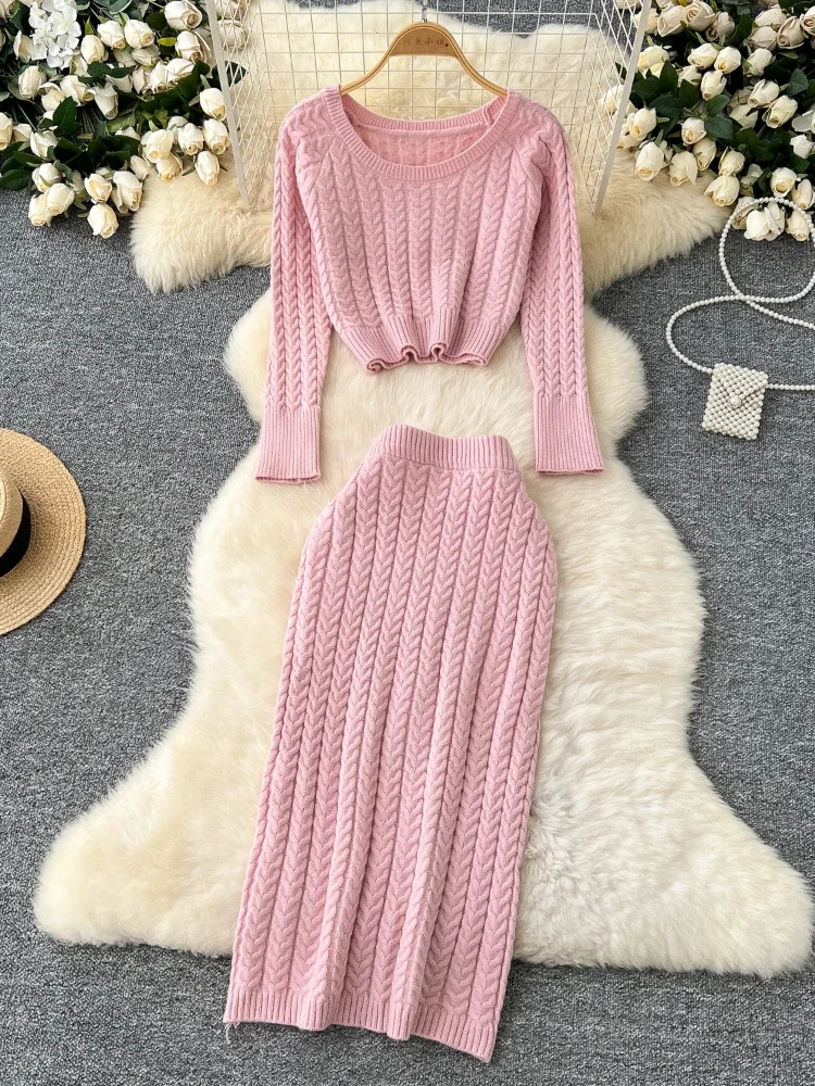 Autumn Winter Warm Knitting 2pcs Set Women Long Sleeve O Neck Short Top+Elastic Waist Skirt Autumn Senior Sexy Sweater Suits New