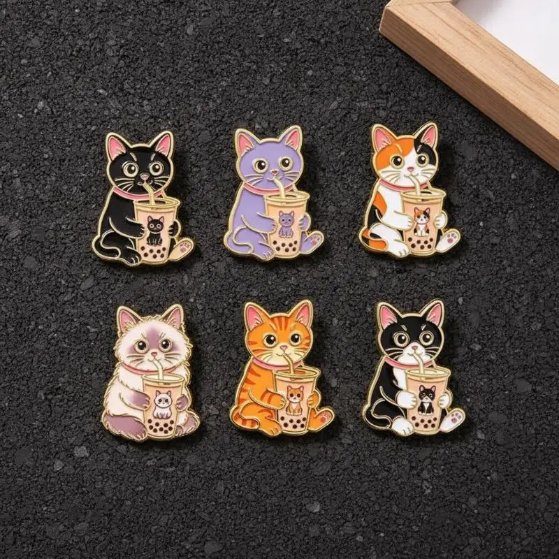 Milk‑Tea Drinking Cat Enamel Pins 1/6Pcs, Cartoon Animal Metal Lapel Brooch Badge for Backpack Jacket Clothing Decoration Gift
