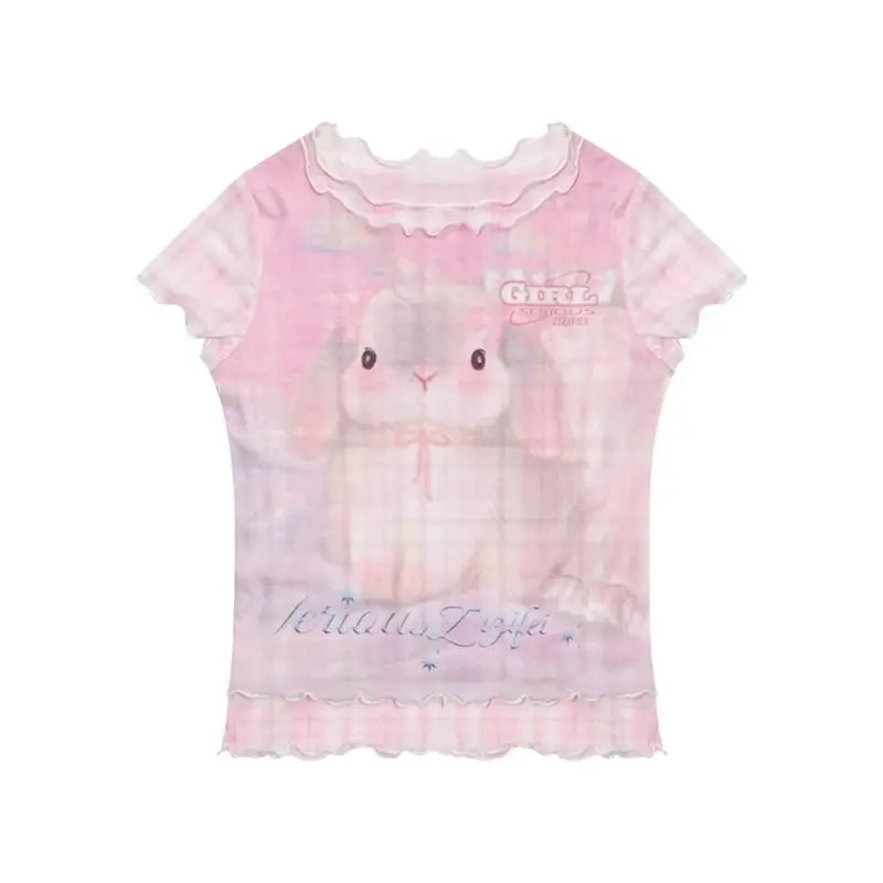 Deeptown Kawaii Mesh Pink T-Shirts Women Harajuku Y2k Japanese Style Sweet Tees Juminocore Rabbit Print Cutecore Slim T-Shirts