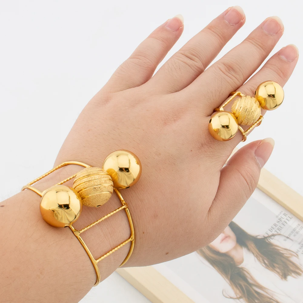 African Gold Color Jewellery Set, Beads Design Bangle and Ring