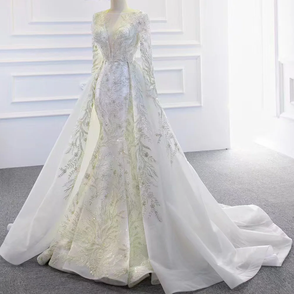 Train détachable col rond élégant à lacets dos manches longues robe de mariée broderie paillettes Abiti Da Sposa