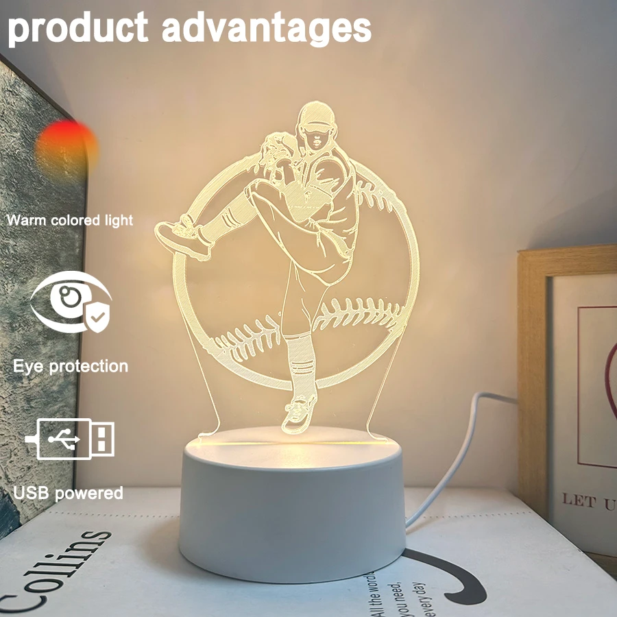 เครื่องเล่นเบสบอล 3D ที่ขับเคลื่อนด้วย USB 1 ชิ้นไฟกลางคืนสร้างสรรค์ บ้าน โต๊ะ ตกแต่งห้องนั่งเล่น ไฟกลางคืนของขวัญวันเกิด