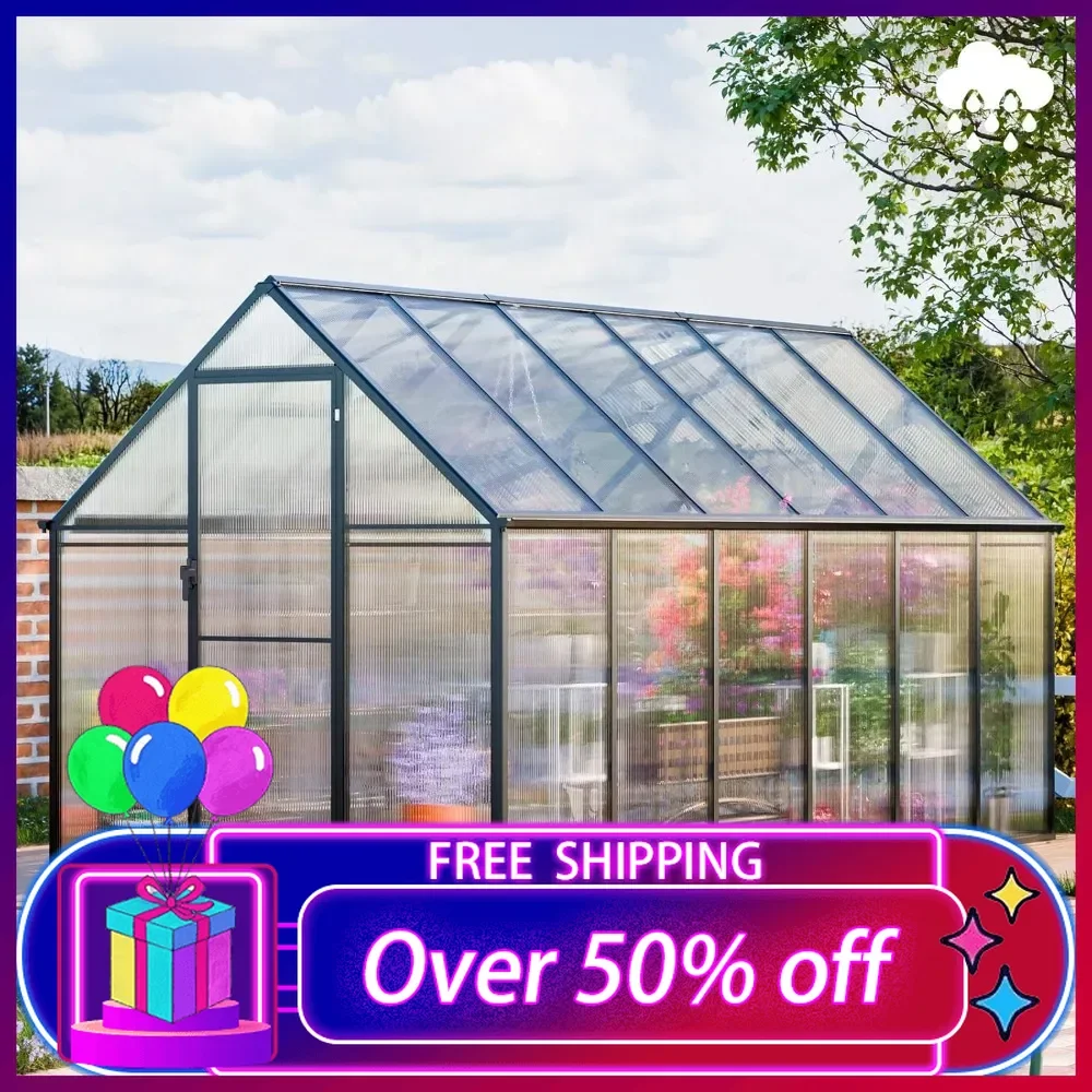 

Greenhouse for Outdoors, Large Polycarbonate Aluminum Greenhouses w/Vent Window, Walk-in Green House for Patio, Backyard, Garden