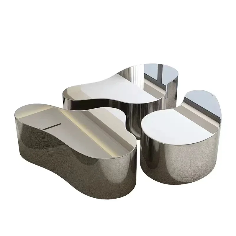 

Italian living room irregular shape coffee table luxury stainless steel silver coffee table metal combination coffee table