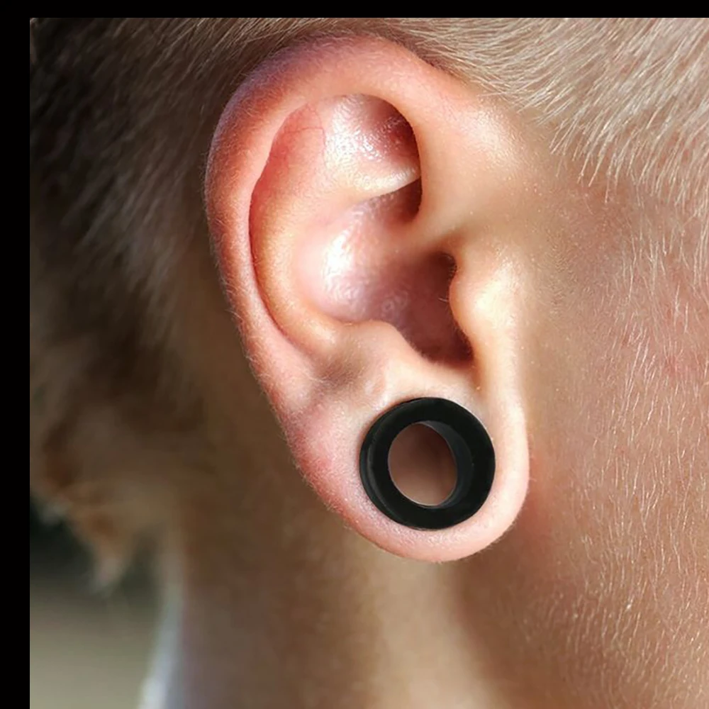 Pair Supersize Flexible Black Color Silicone Double Flared Ear Tunnel Plugs Flesh Tunnel Ear Gauge Expander Stretchers Piercing