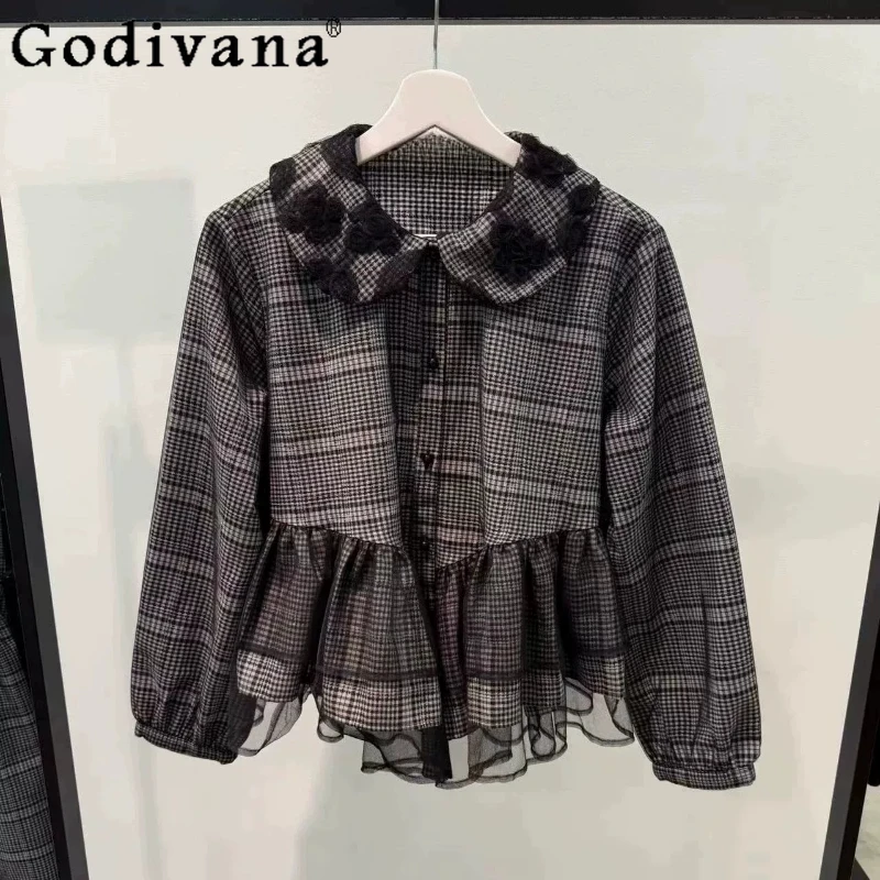 

Japanese Office Lady Women's Casual Plaid Long-sleeved Shirt Spring and Summer Women's Clothes Female Elastic Waist Long Skirt