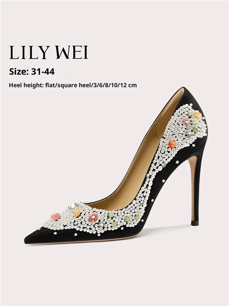

Thin high heels autumn pointed cloth rhinestone color pearl shoes banquet large size small size waterproof platform women's shoe