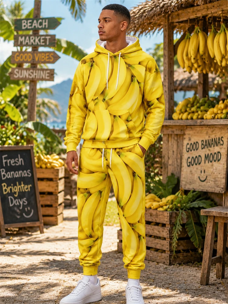 2026 New Men's Hooded Sweatshirt And Pants Set—Banana Print High-Quality Athletic Set Fashionable Men's Clothing 2-Piece Set