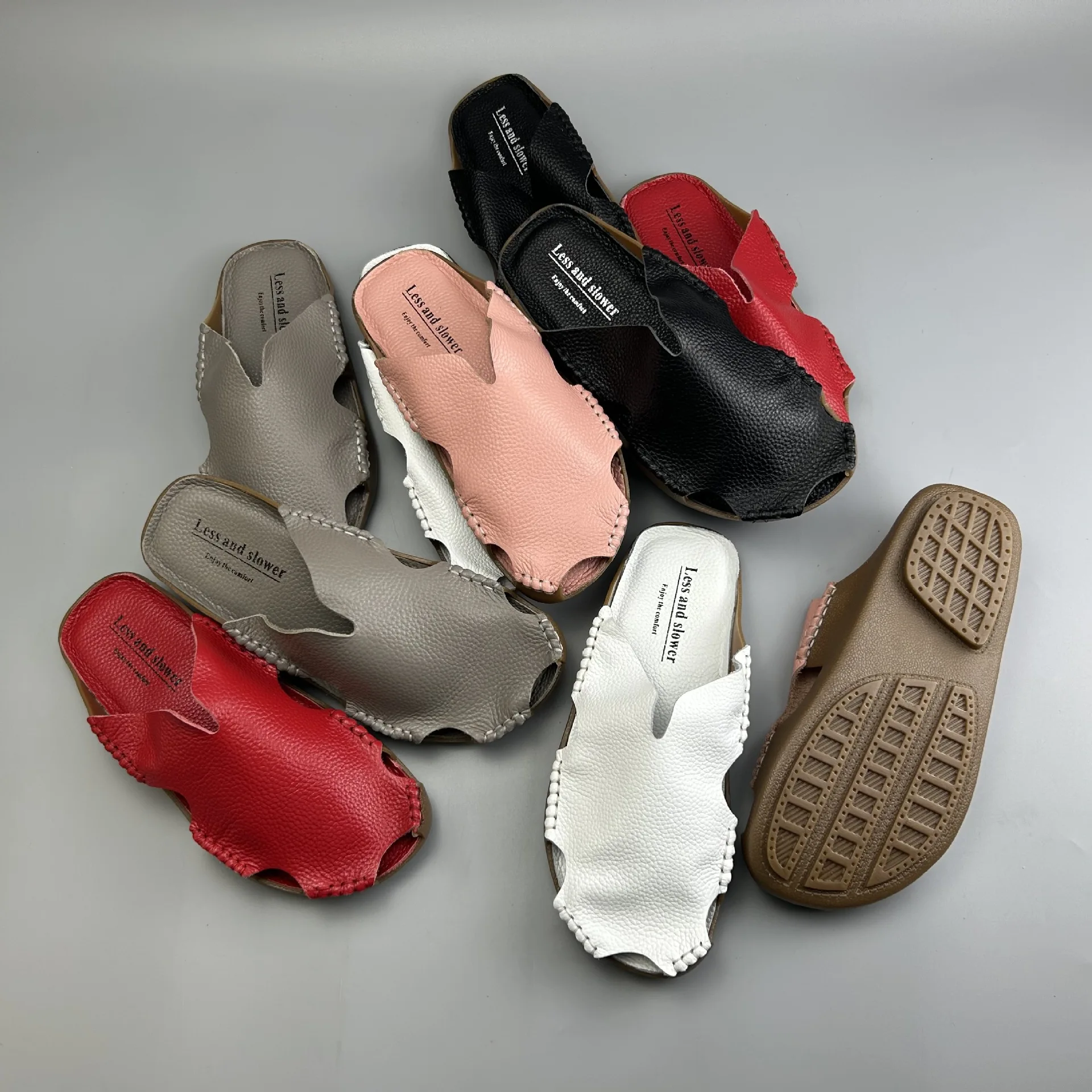 Careaymade-sapatos casuais de couro genuíno do casal baotou apartamentos feitos à mão sapatos confortáveis verão praia chinelo, tamanho 4.5-13