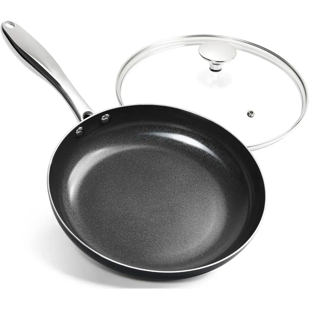 

10 Inch Nonstick Frying Pan with Lid, Non-Toxic Skillet with Stainless Steel Handle, Nonstick Skillet, Black