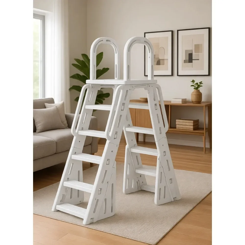 Escalera para Piscina Elevada Tipo A con Pasamanos y Escalones de Doble Cara, Color Gris Claro