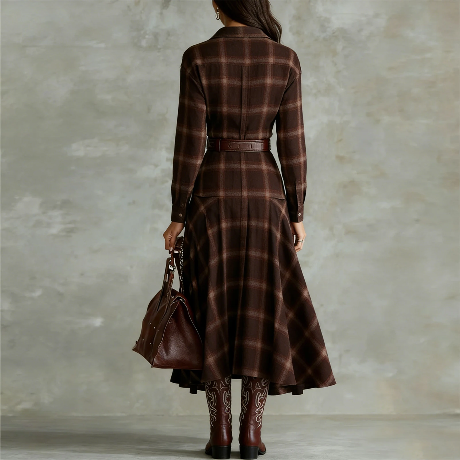Women Vintage Plaid Shirt Dress Long Sleeve Elegant Temperament Maxi Dress Ladies Chic Casual Western Style Party Dress