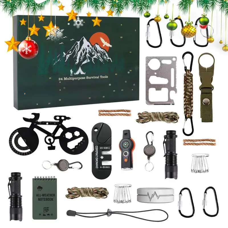 Survival Kit Christmas Countdown Advent Calendar Survival Tools With Cord Parachute Flashlight For Camping Hiking Backpacking