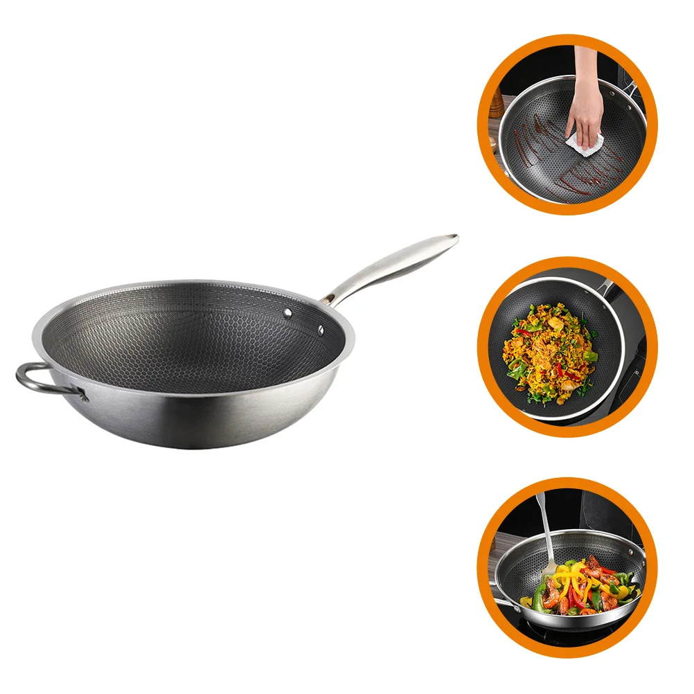 

34cm Double Handle Stainless Steel Non Stick Wok Honeycomb Stir Fry Pan Gas Stove Cookware Kitchen Stir Fry Pan