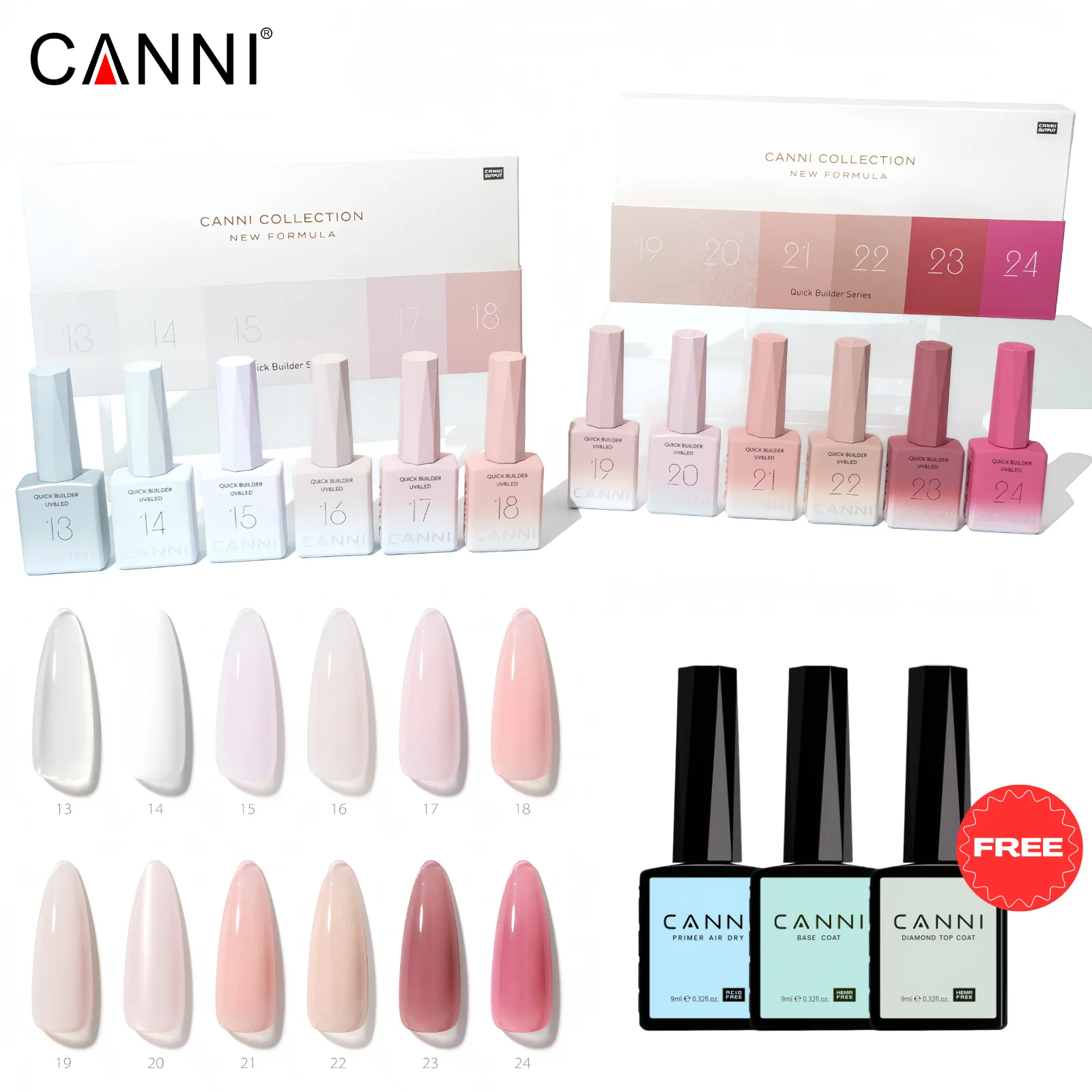 CANNI Base in gomma colorata Set gel per unghie Quick Builder HEMA FREE TPO FREE Jelly Nude 6 pezzi 9ml Gel UV LED Soak Off Gel Nail Art Gel