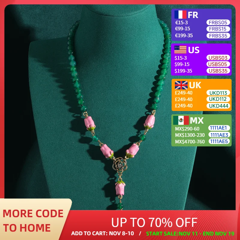 

Vintage Emerald Green Necklace Beads Woman Pink Tulip Flower Pendant Jewelry For Evening Party Antique Accessories Christmas New