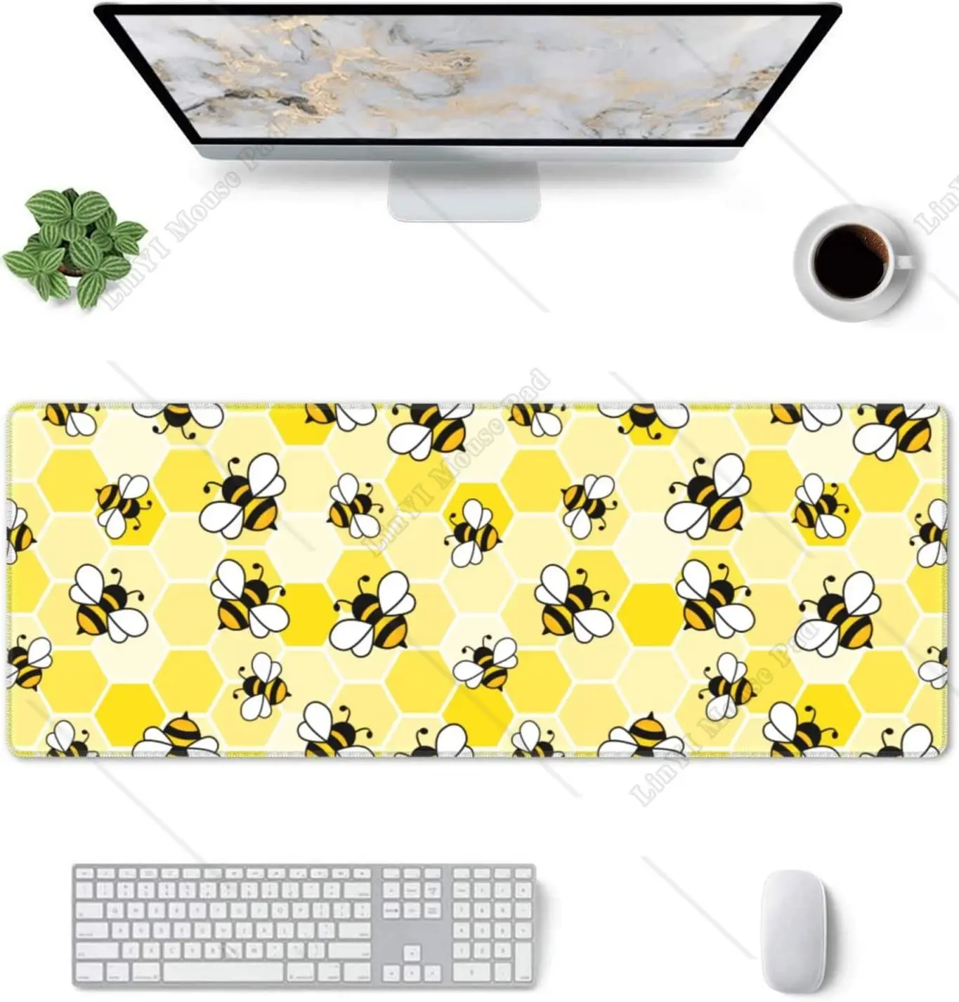 Bee Honeycomb Gaming Mouse Pad XXL Non-Slip Rubber Base with Stitched Edges for Work Game Office Home Decor 31.5x11.8 Inch